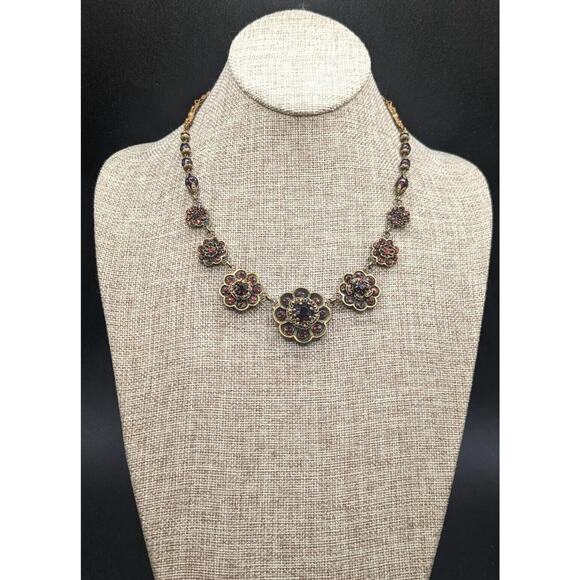 Vtg Western West Germany Or Czech Red Rhinestone Brass Tone Flower Necklace ** - Picture 2 of 11
